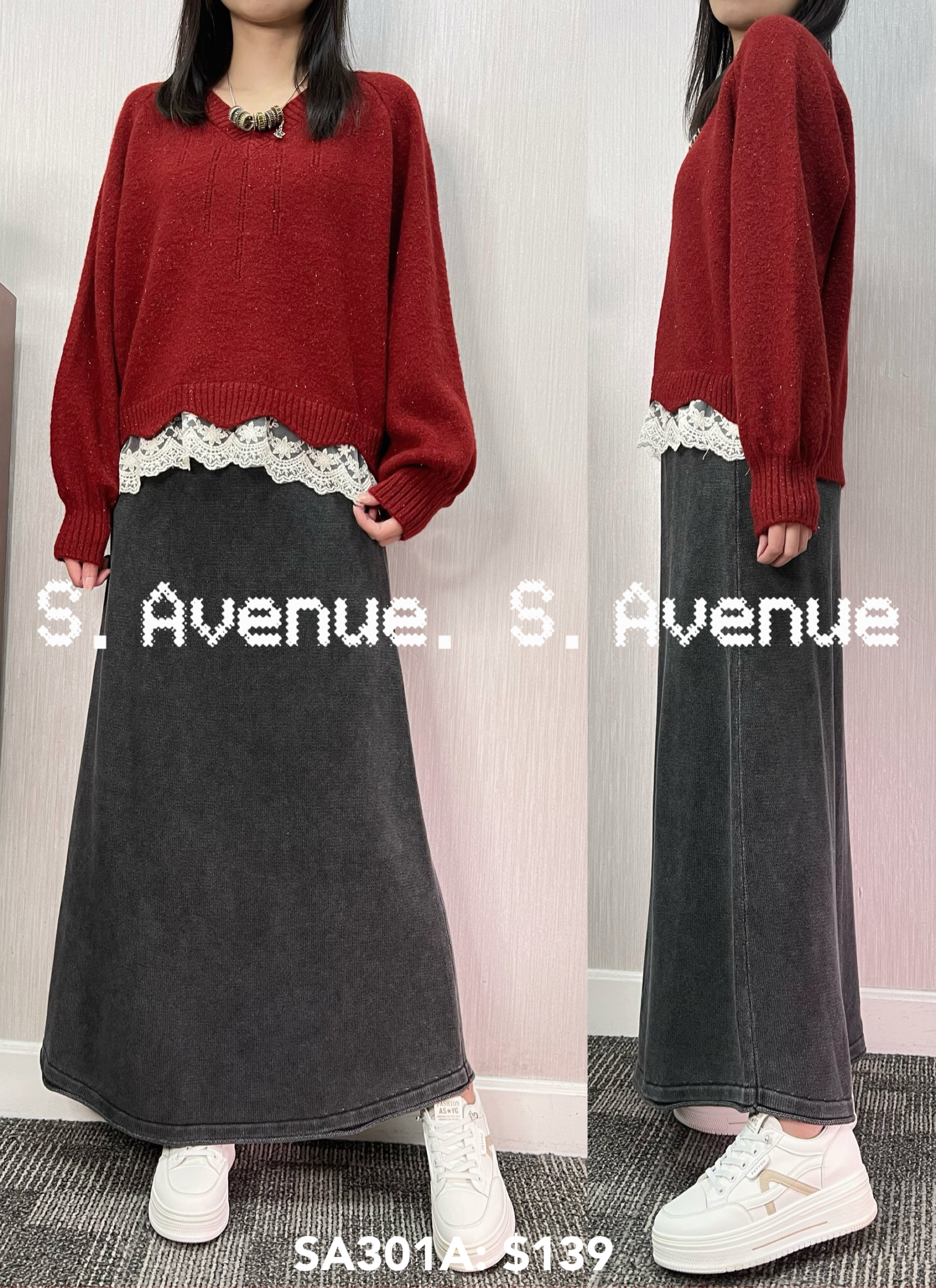 SA301A: 長袖燈籠袖V領腳lace冷衫