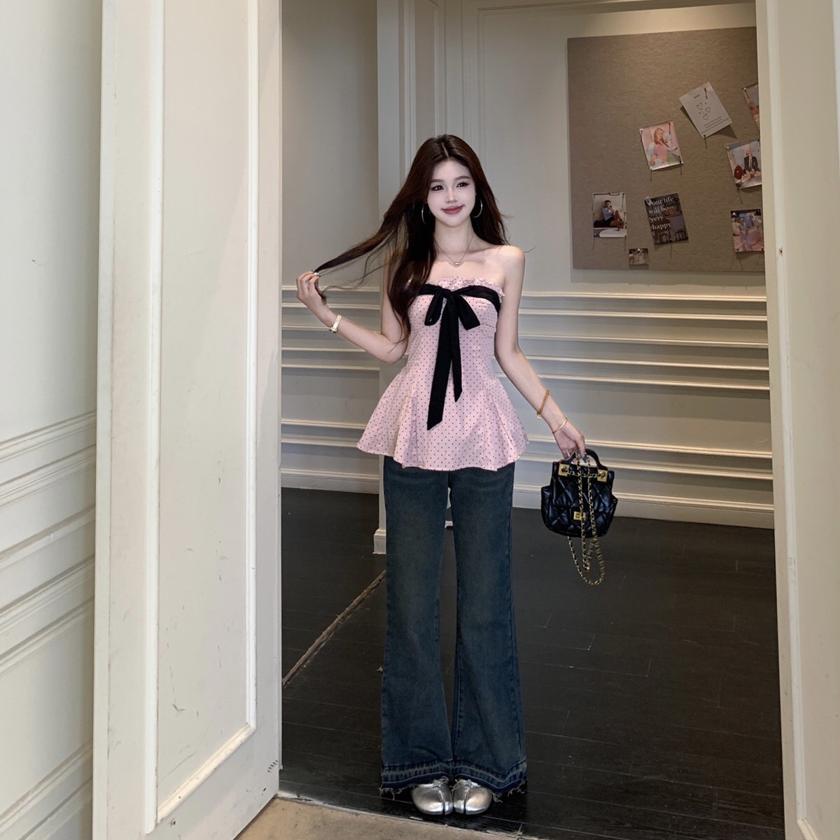 B175(8938) 美式复古波点蝴蝶结边领荷叶下摆粉抹胸上衣与黑开衫两件套上衣 