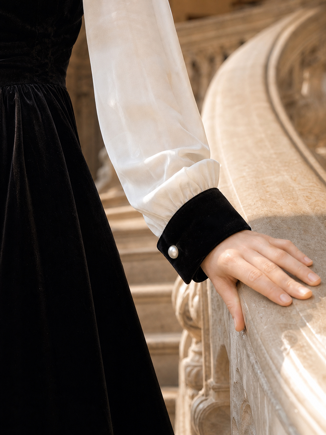 歌劇院的魅影 ∙ 拼接蕾絲方領絲絨長袖連身裙 Phantom of the Opera ∙ Contrast Embroidery Square Neck Velvet Long Sleeve Dress