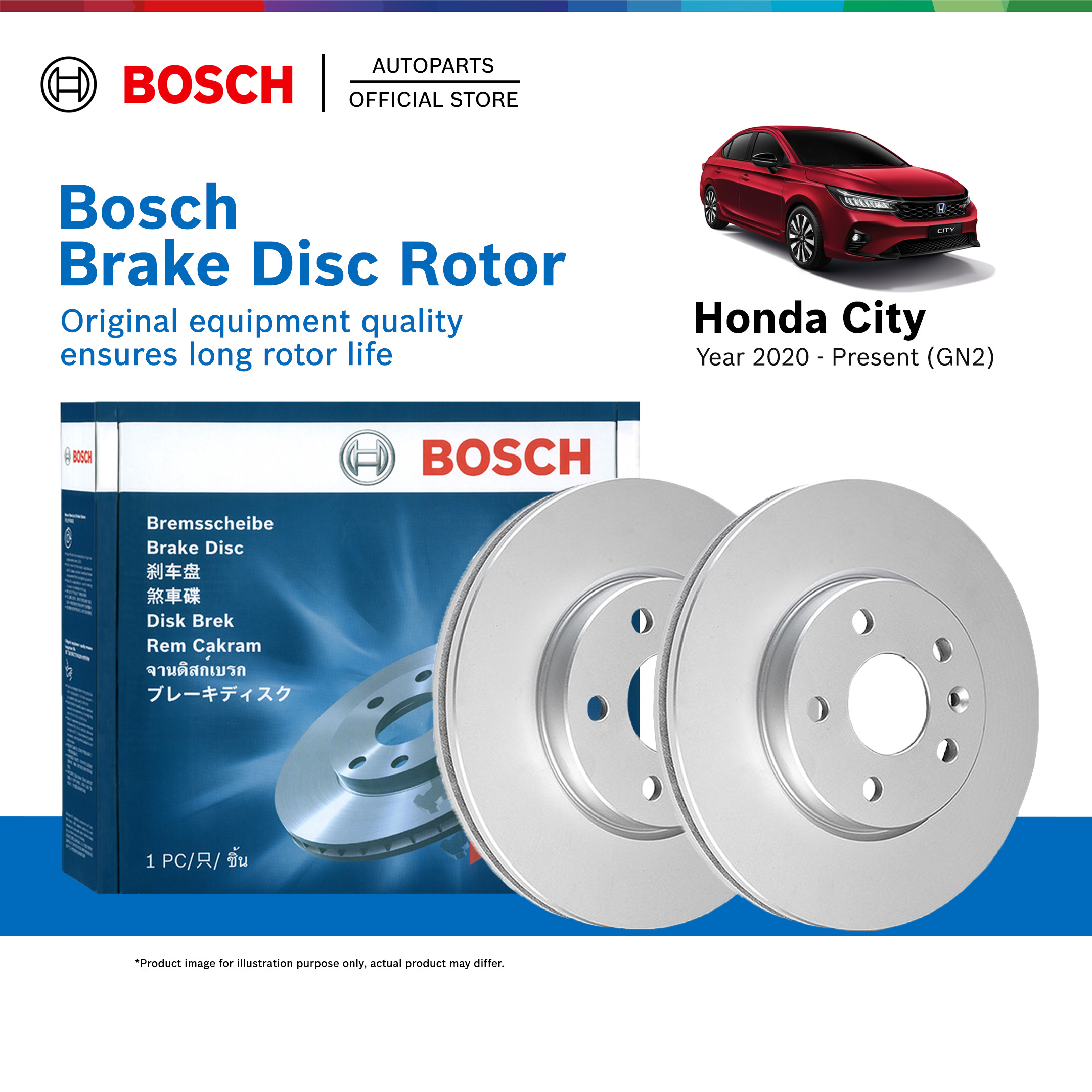 Bosch Fully-Coated (Anti-Rust) Front Brake Disc Rotor for Honda City GN2 (Year 2020 - Present)  0986T16035 2pcs