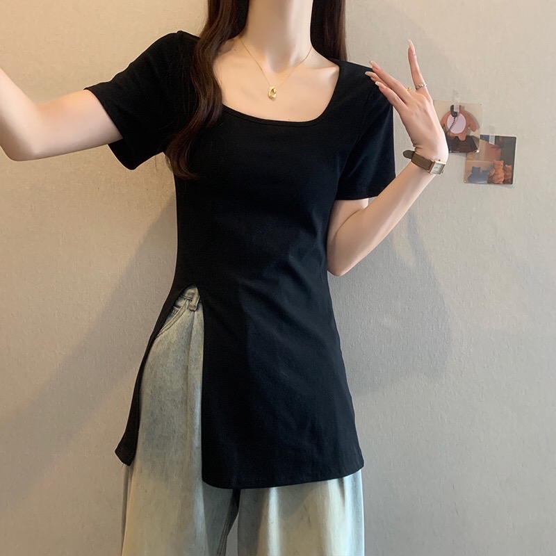 B215(16225) 韩版纯色U领下摆大开角显瘦黑上衣