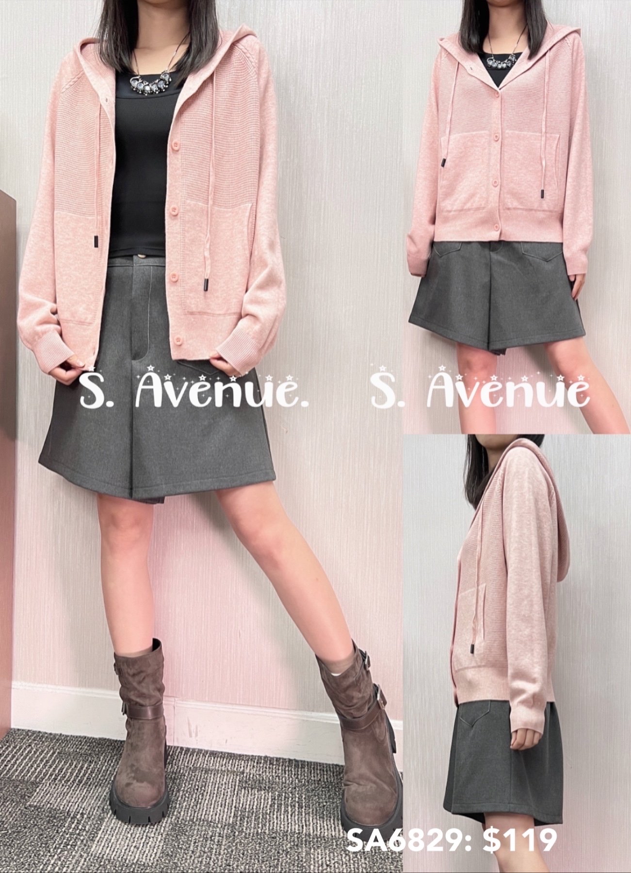 SA6829: 長袖有帽有鈕有袋針織外套