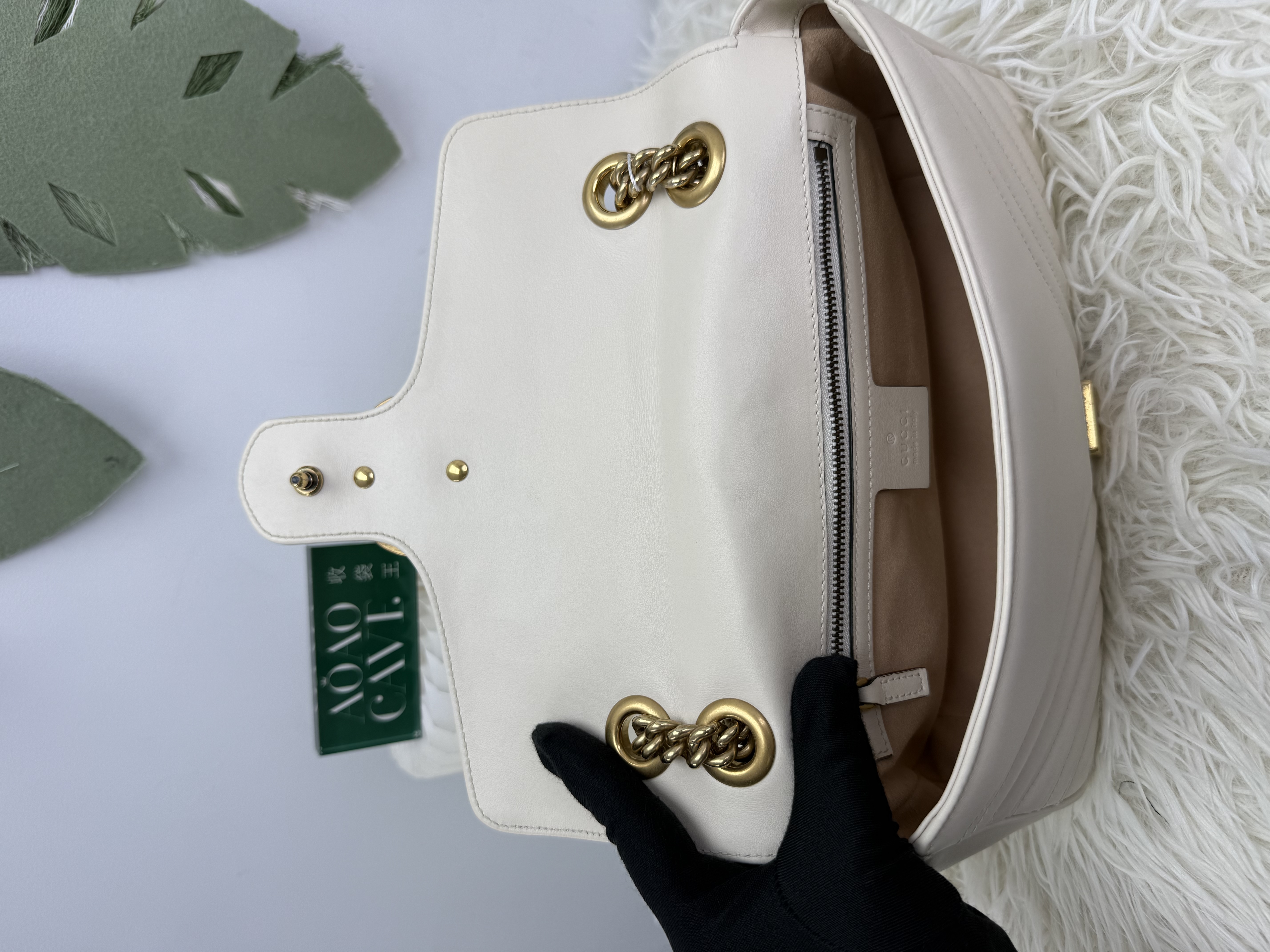 GUCCI 🤍PRE OWNED 白色金扣Marmont 26cm 單肩斜肩包💛