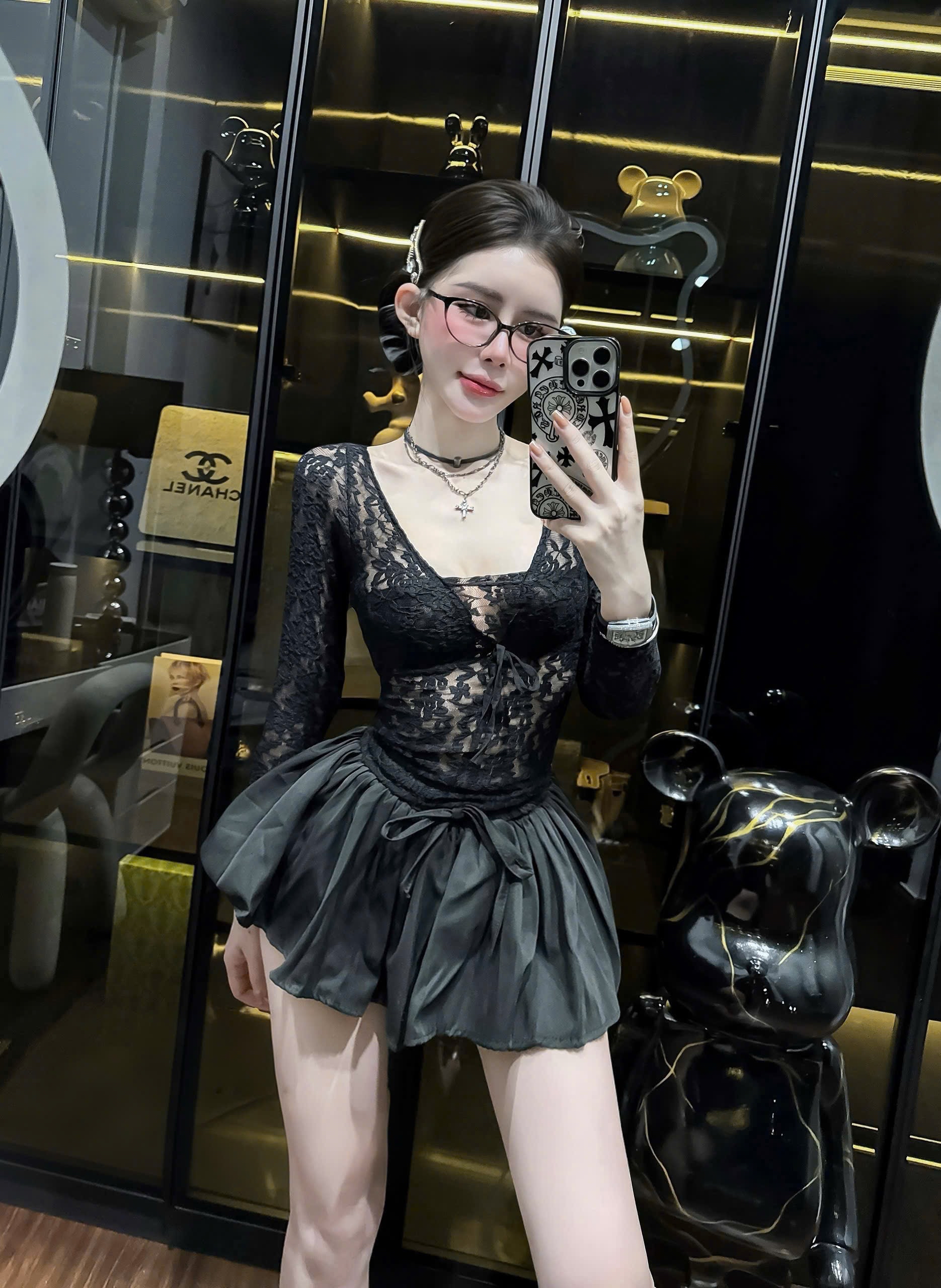 蕾絲長袖+半身裤裙两件套