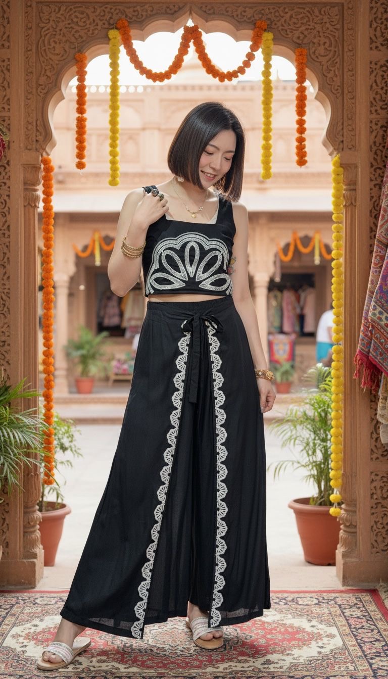 2235 Black with White Emb. Pants