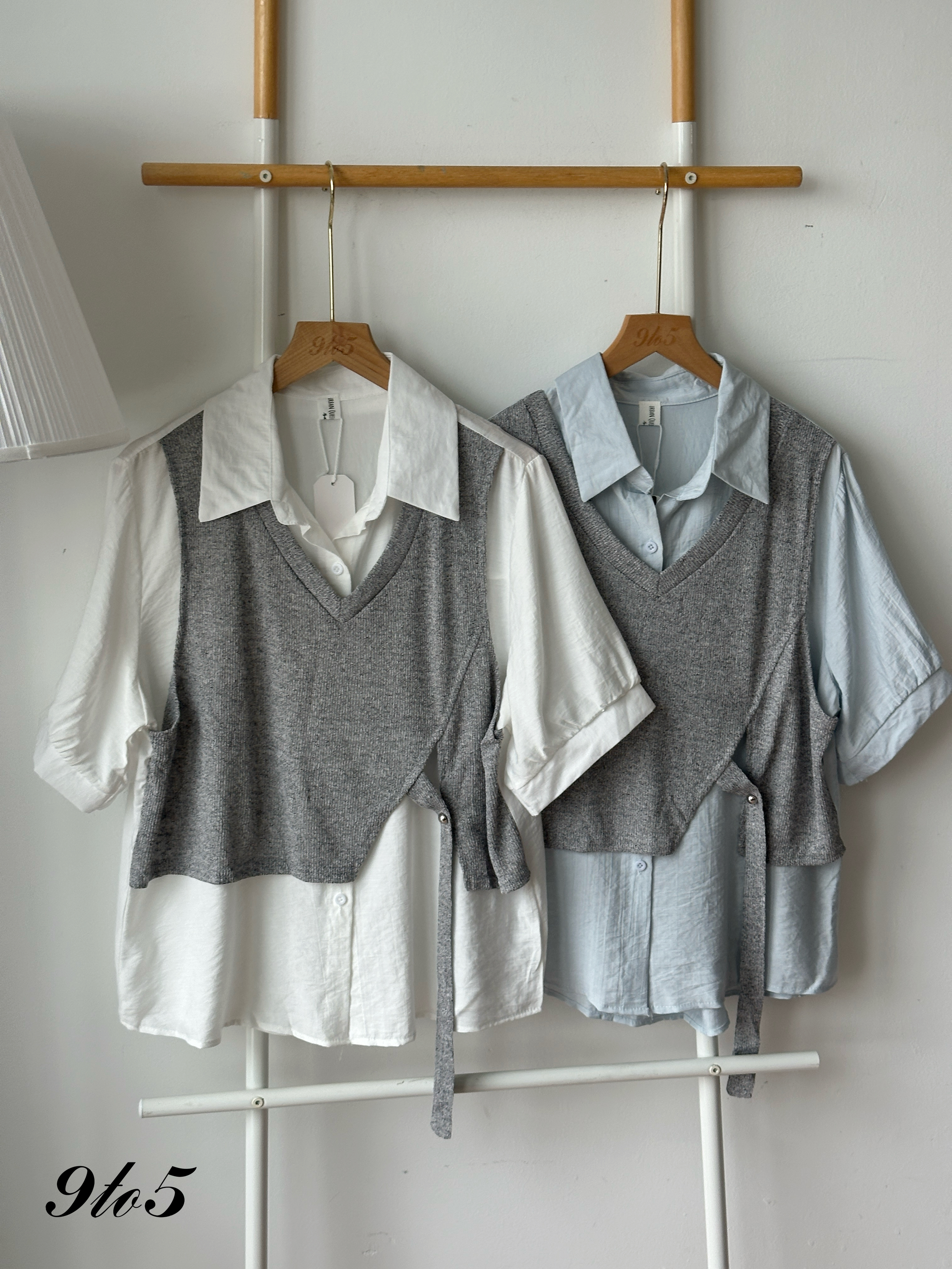 T4278 Fake Two-Piece Oversize Shirt - Blue & White