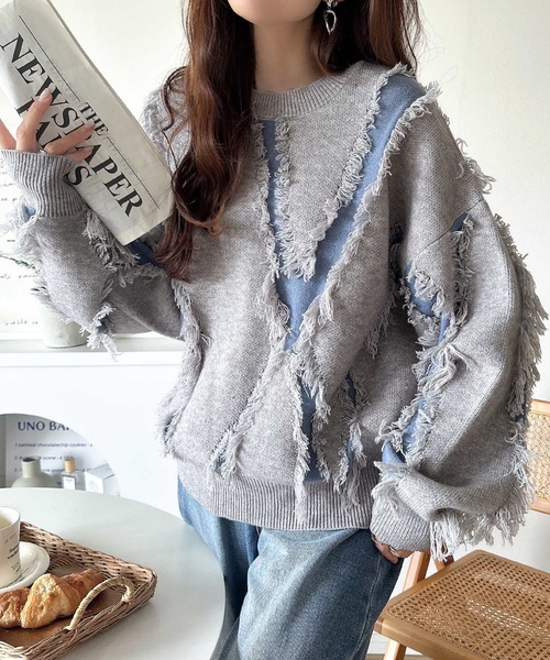 不規則流蘇拼色針織上衣【JT019】