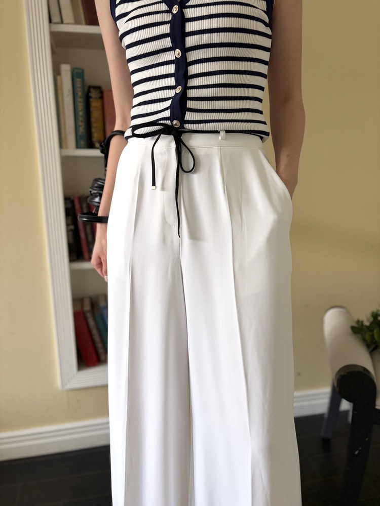 [超涼!!] Contrast Belt Wide Leg Slacks (White)