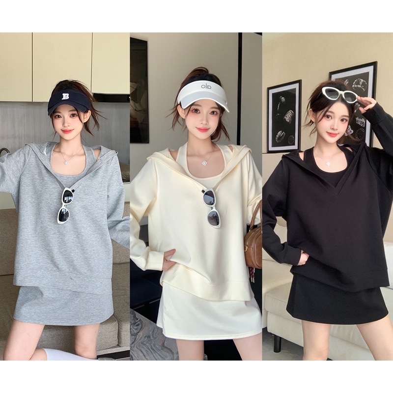 B286(3916) 韩版运动风纯色挂脖吊带裙与上衣3色两件套连身裙