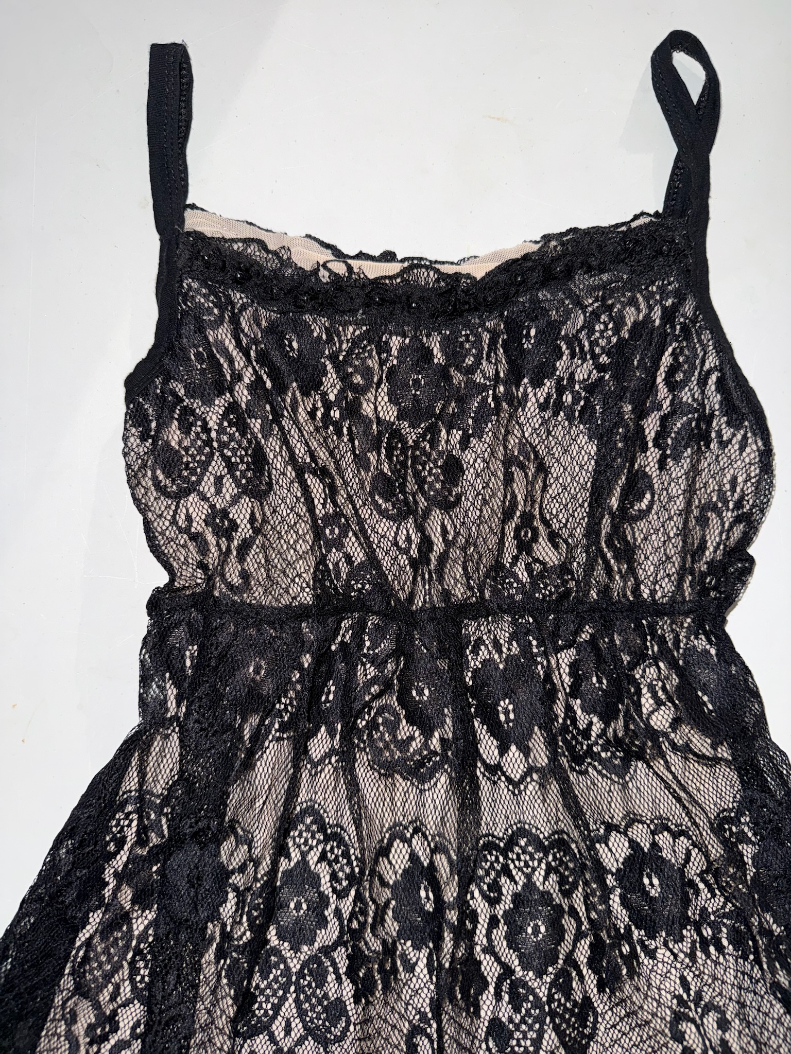 Nude & Black Lace Overlay Babydoll Mini Dress Top