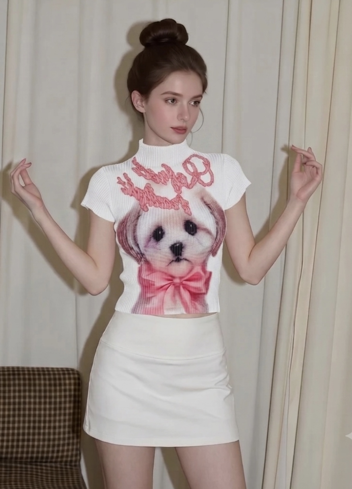 甜美猫咪印花弹簧面料上衣 Sweet Cat Print Textured Stretch Top