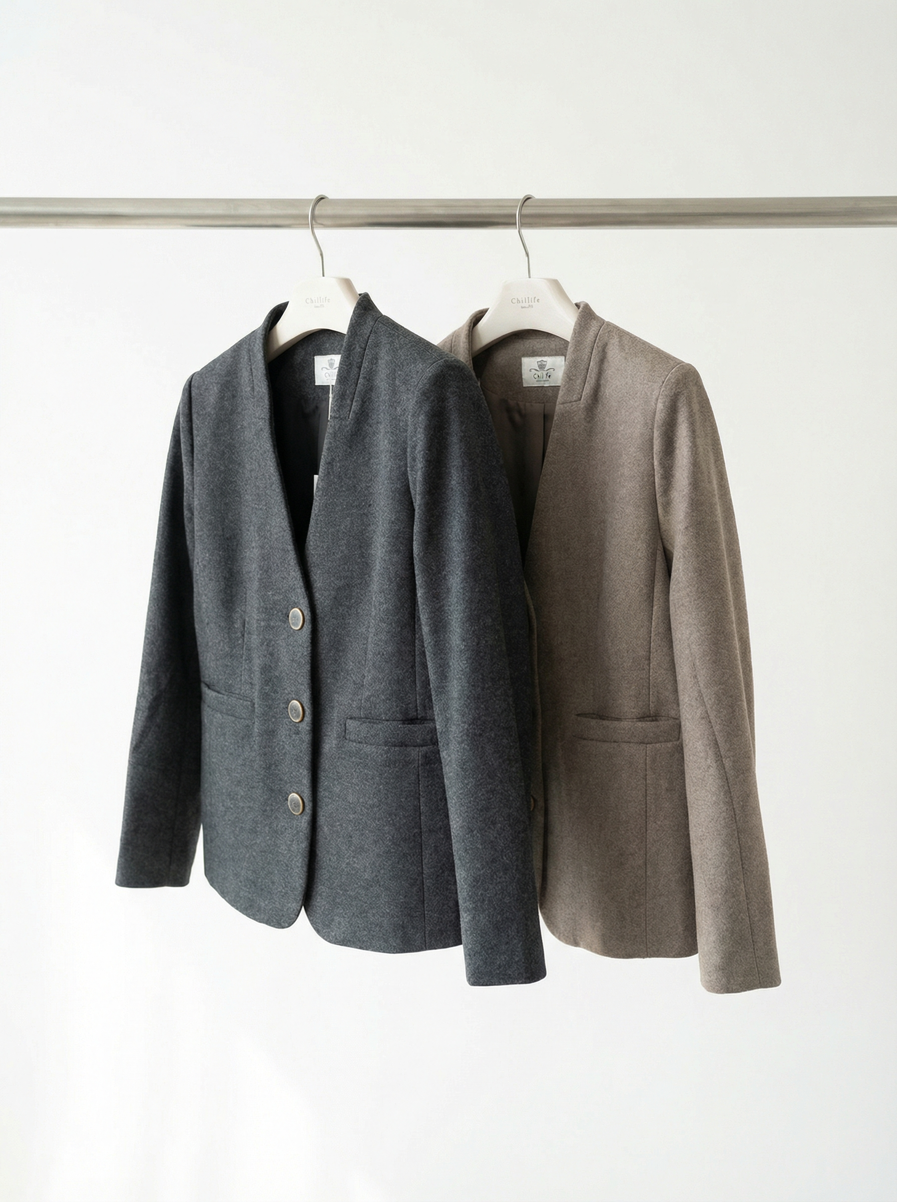 灰色/卡其色無領短版西裝外套