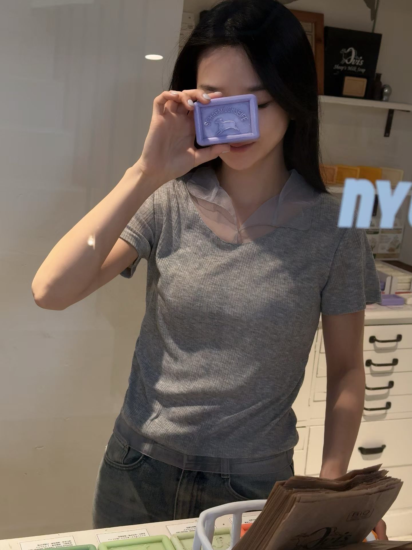 【休閒/上班】薄紗拼布直紋上衣