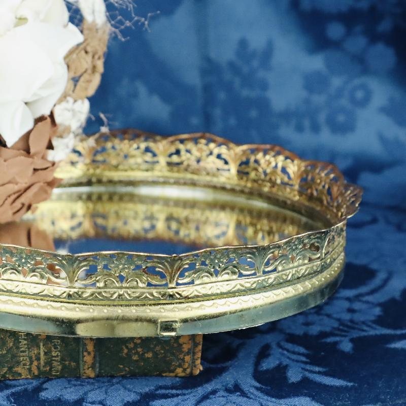 C.a. 1960-70s Stamped Filigree Gold Tone Round Mirror Tray / Vanity Tray (MT1686)