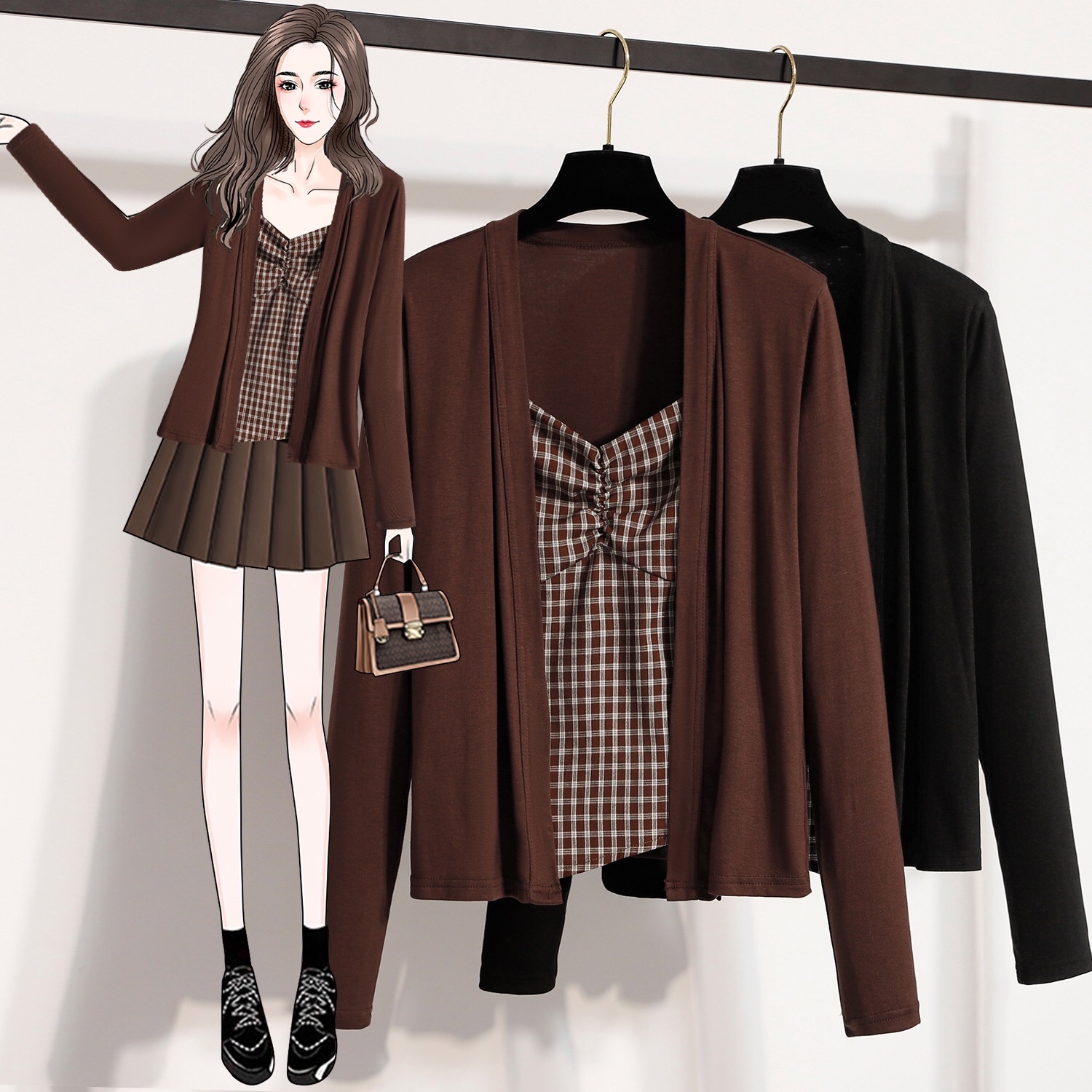 B71(8038+8037) 韩版气质格纹前部褶皱吊带内搭与开衫黑咖两件套上衣 