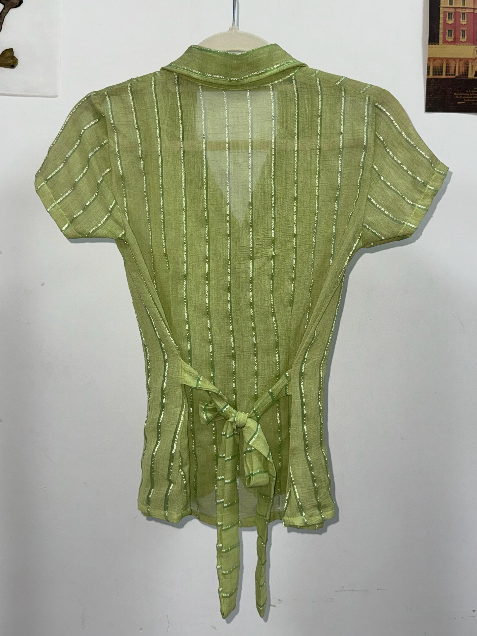 Pistachio Green Cap Sleeve Tie-Back Shirt with Glitter Stripes
