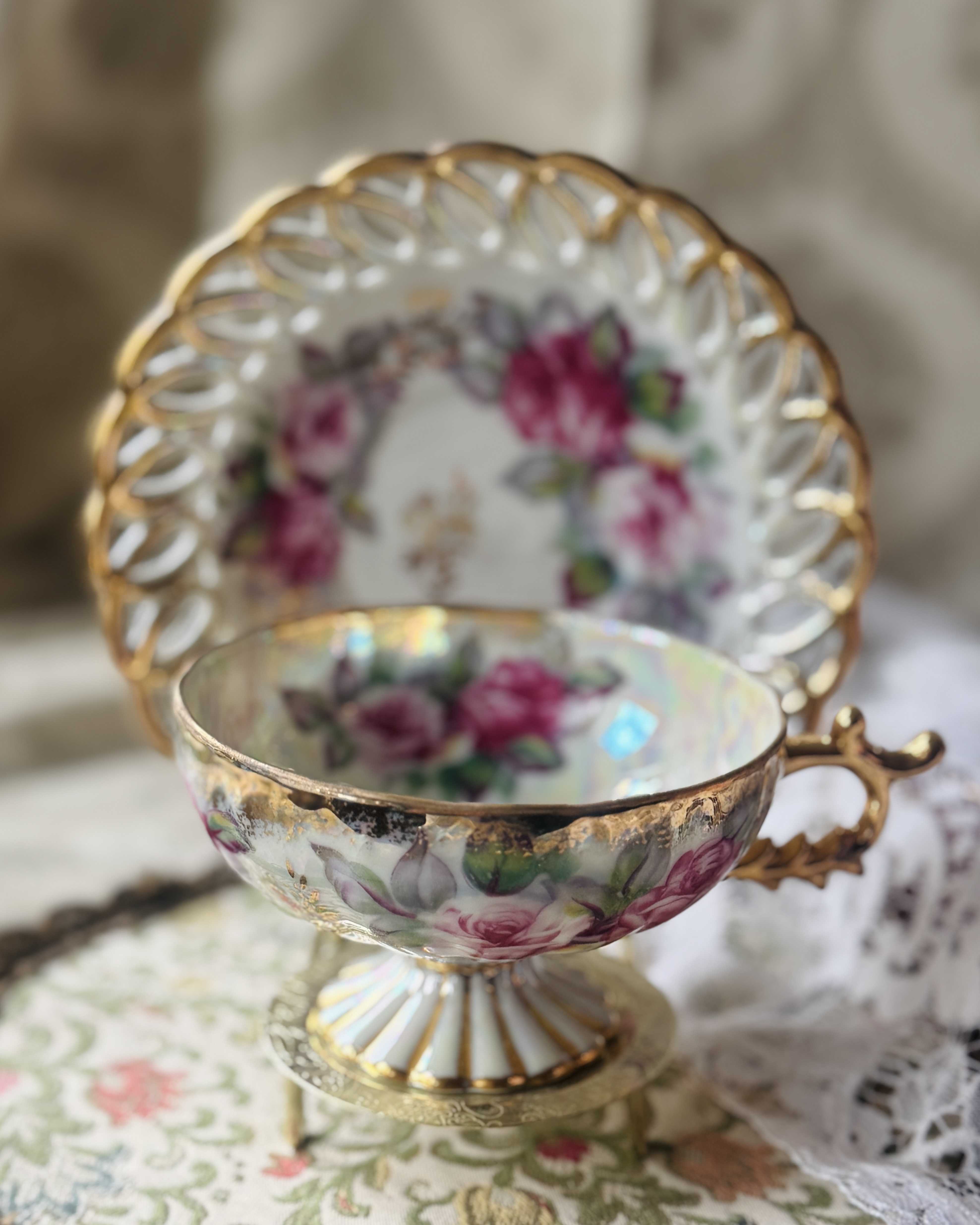 Vintage Mid-Century Castle Japan Floral Iridescent Tea Set Duo (MT2398)