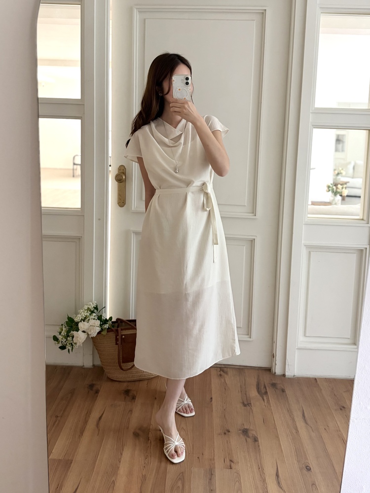 Draped Neck Dress with Inner Slip (Cream)