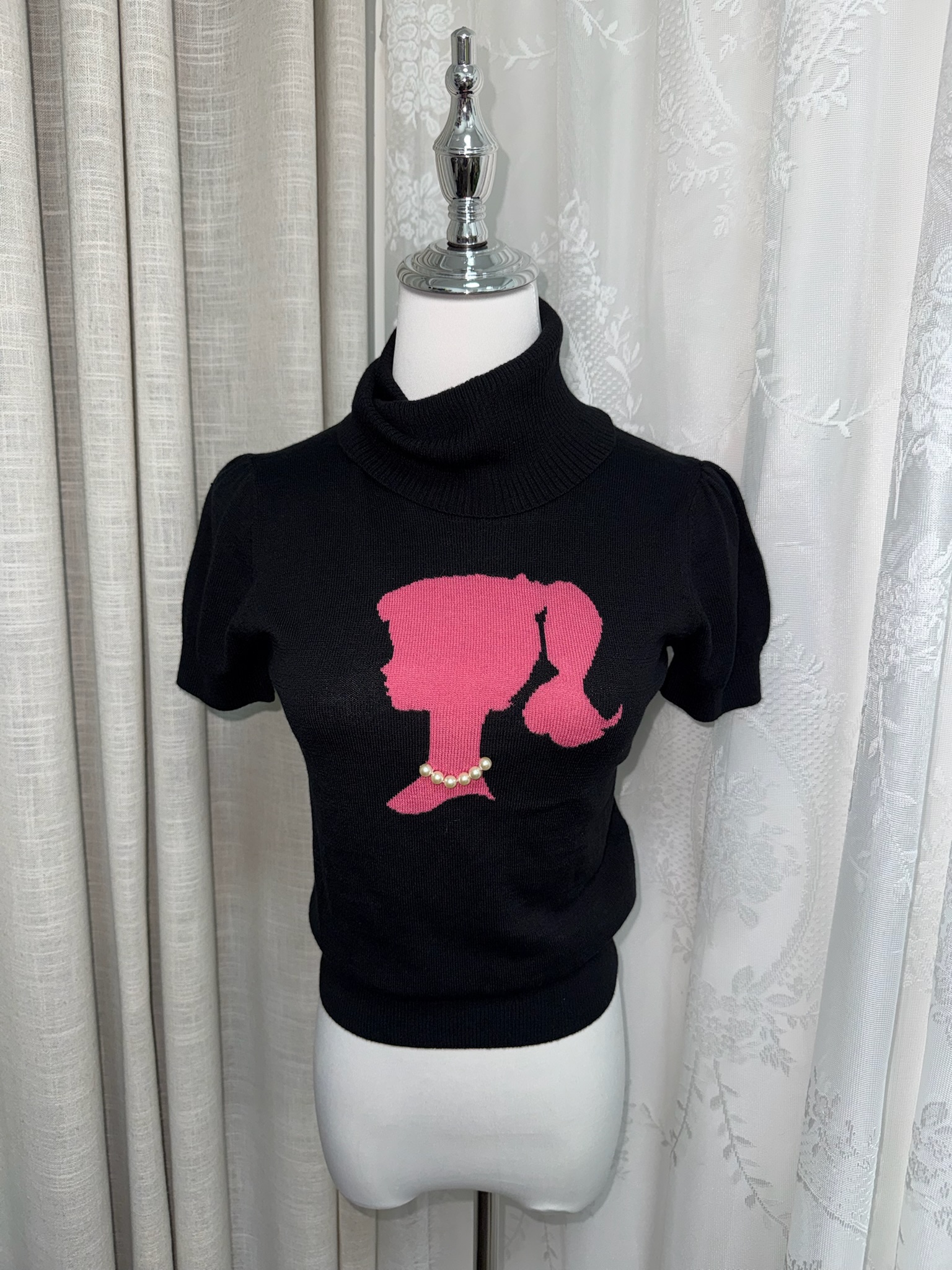 2008sOfficial Barbie 3D Pearl High-Neck Knitted Short-Sleeve Top