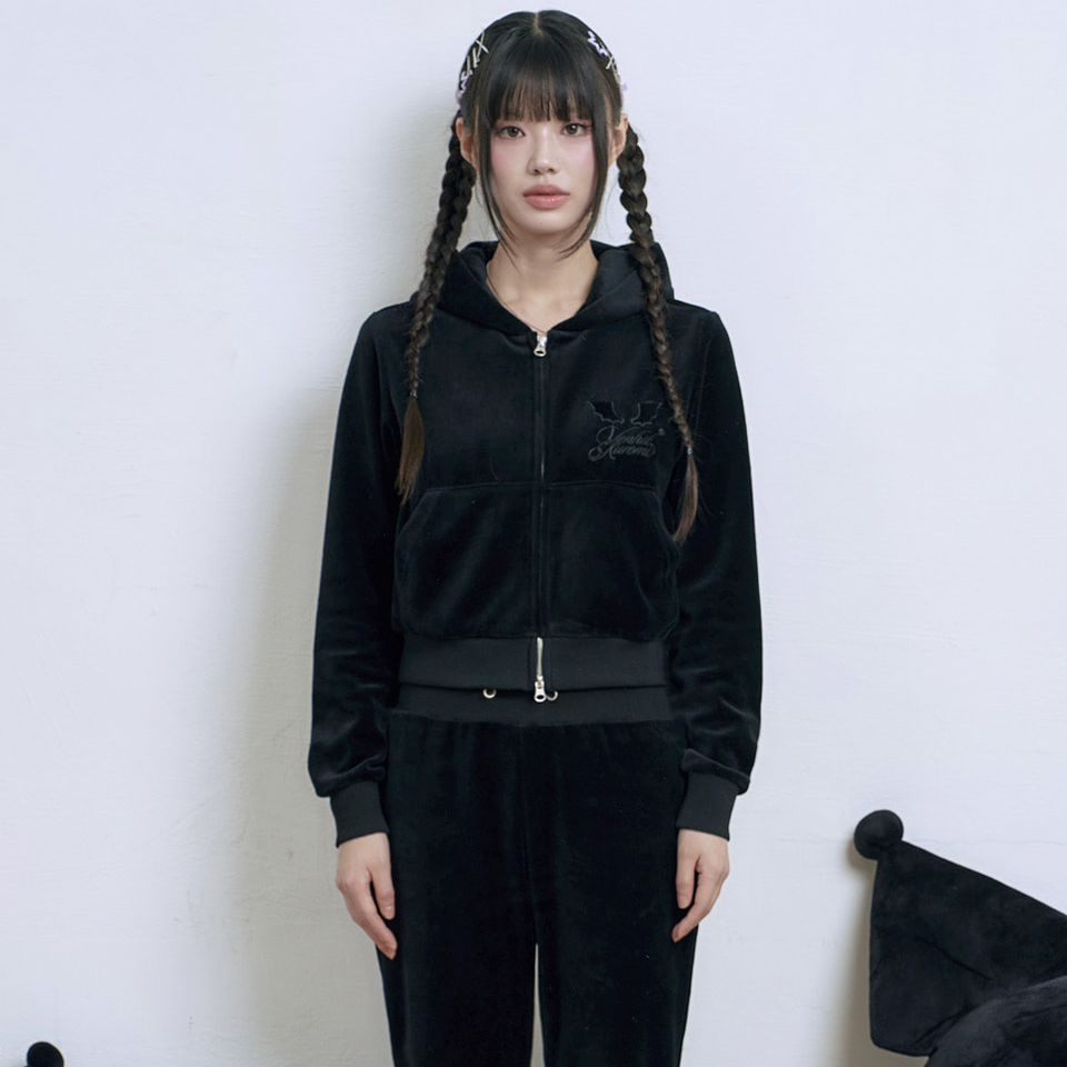Venhit x Kuromi Velour Crop Zip-up Hoodie Black