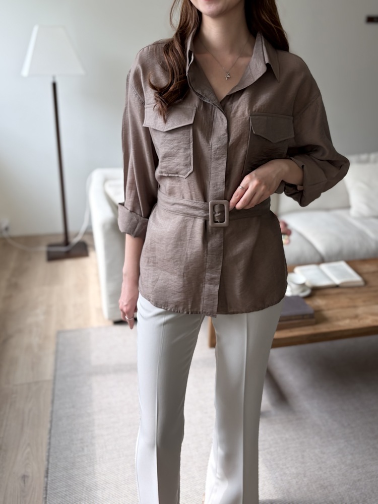 Feminine Belted Pocket Blouse (Brown)