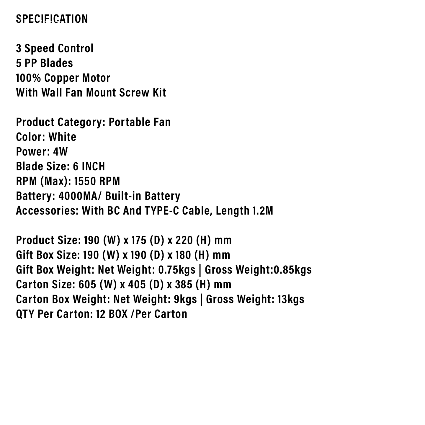 Faber 4000mAh Portable Fan FPF 6541WH