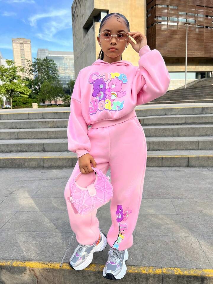 可愛熊兒童運動套裝 - 粉色卡通連帽衫及運動褲