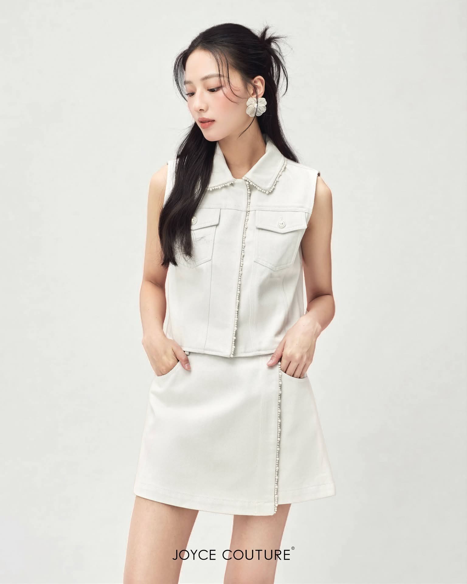 珍珠点缀套装牛仔裤裙 S0098