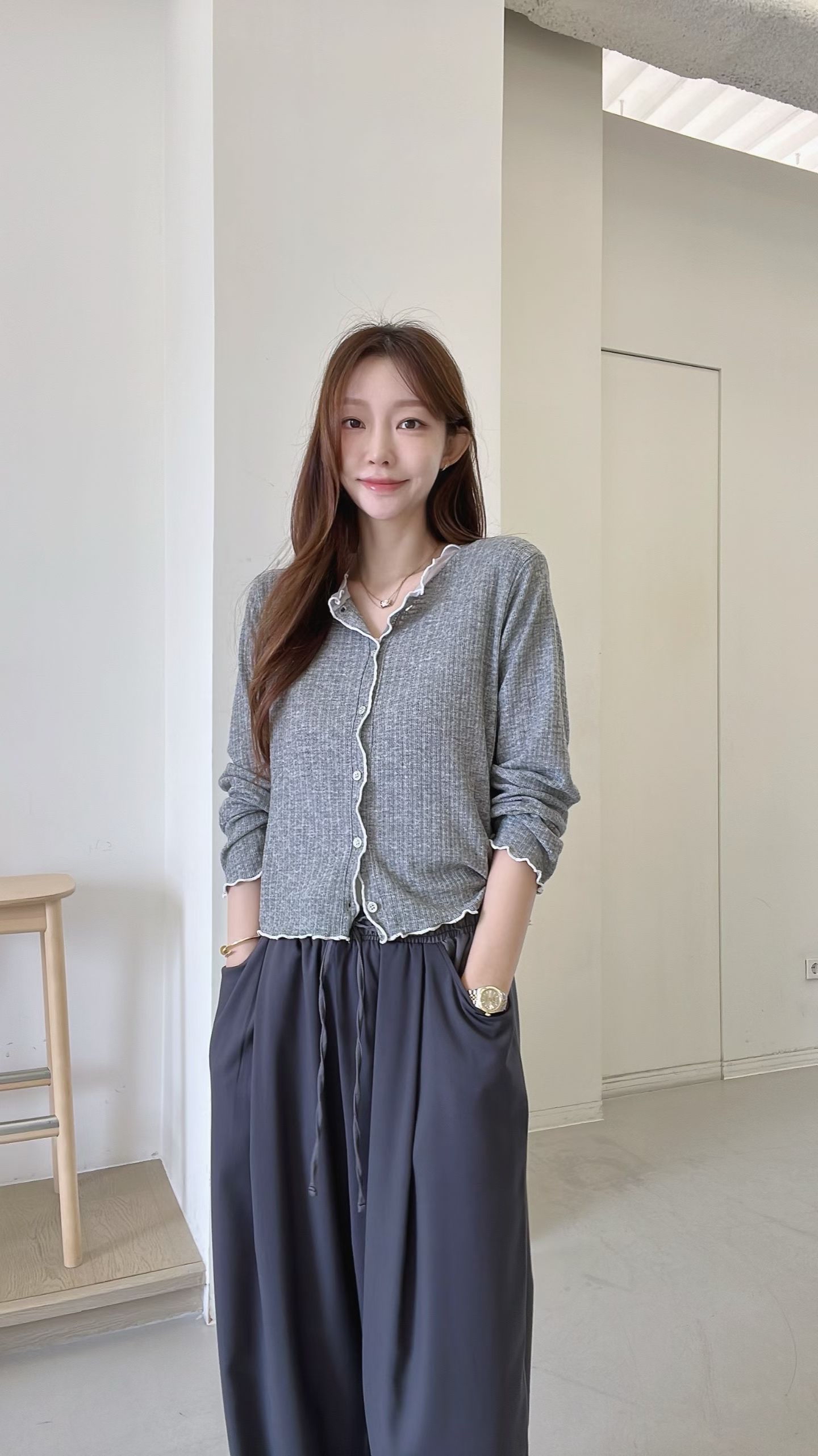 FV3 木耳邊拼色窩夫紋Cardigan 