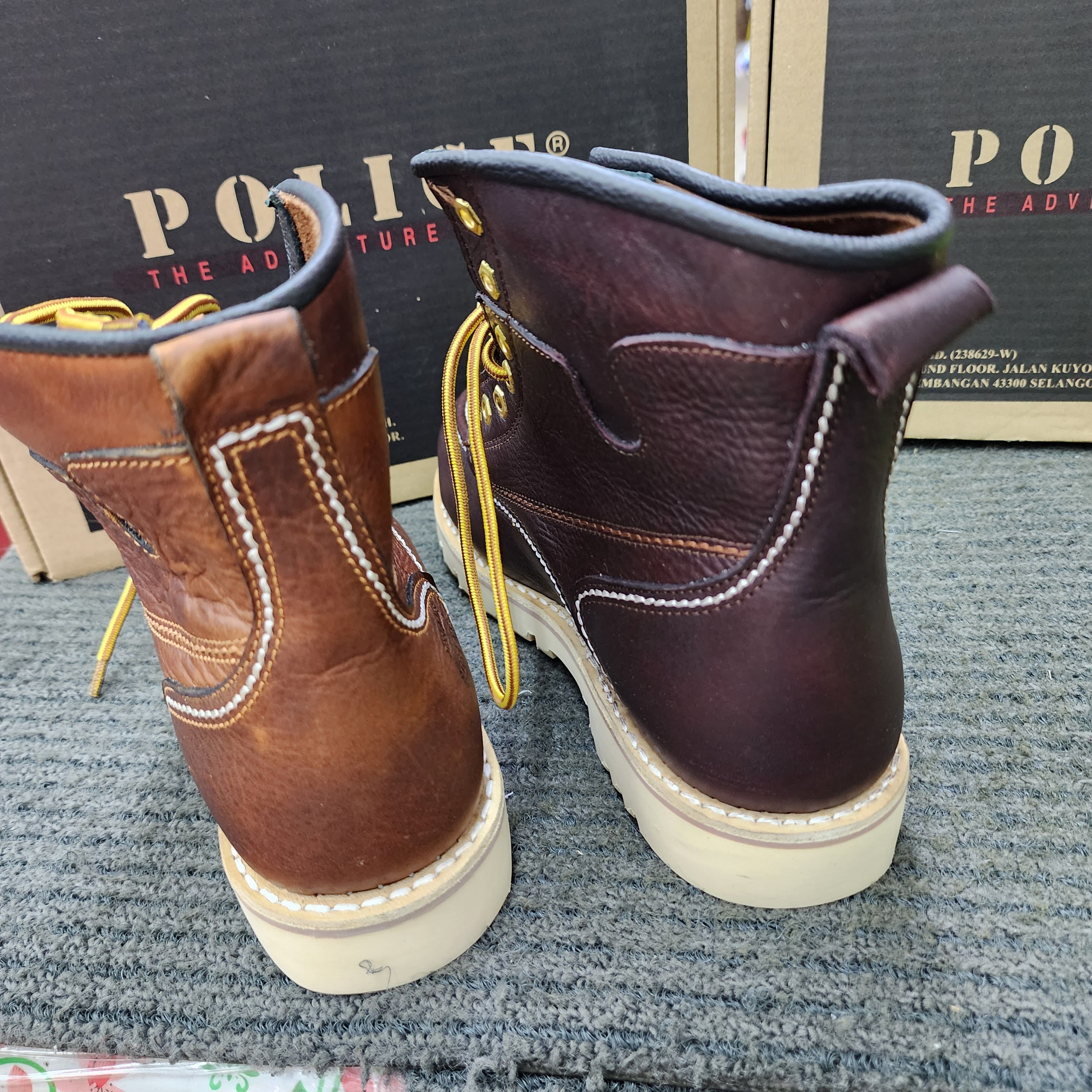 POLICE SAFETY 93598 Mid Cut Lace Up Safety Shoes leather Brown Maroon Kasut Keselamatan Kulit Tali Kasut Keselamatan