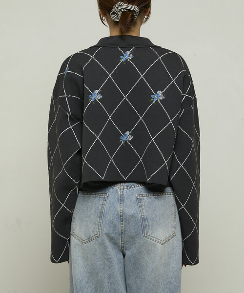 線條菱形花卉刺繡短短外套