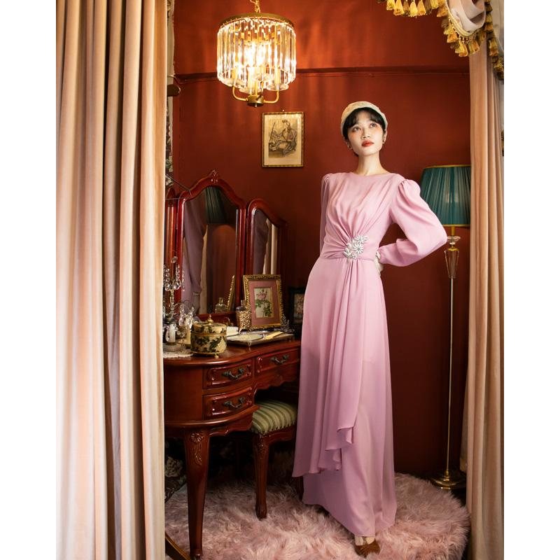 1970s/80s Does 1930s Style Rose Pink Long Dress with Waist Appliqué (MU108-11)
