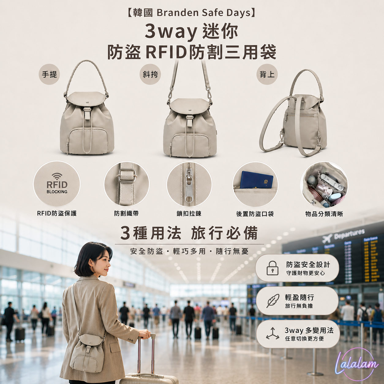 【 韓國Branden Safe Days】RFID防割月牙包| 13.5L RFID阻擋防割織物 [防盜背囊] |3way迷你 防盜 RFID防割三用袋 | Tote Bag【9/6 截單，預計 :9月中至尾發貨】