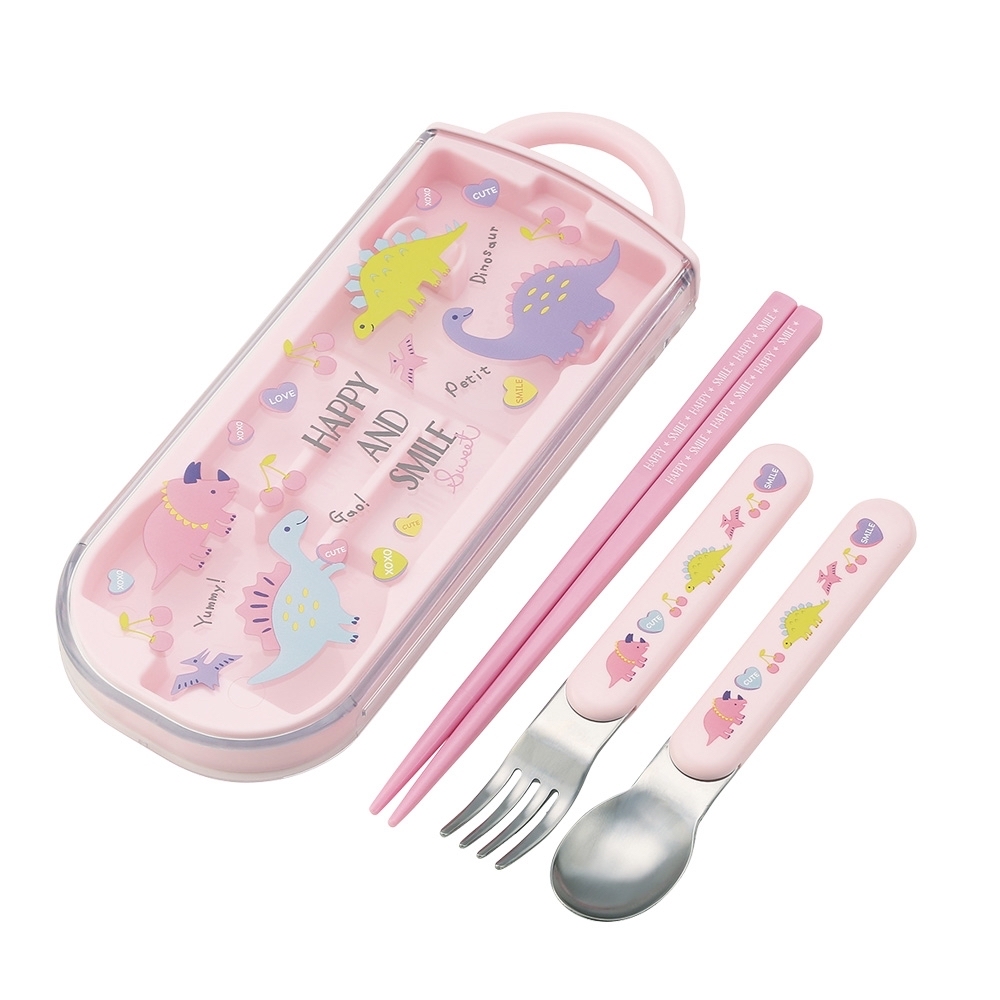 現貨🇯🇵Skater銀離子抗菌筷子連收納盒兒童餐具套裝 粉紅色恐龍
