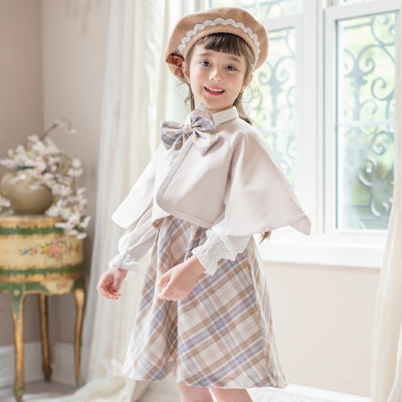 🆕【⭐訂購⭐】 🇯🇵日本直送🌀格紋泡泡長袖連衣裙+披肩外套 四件套 華麗套裝［2款選］🌀[ELBA-0078][260214]