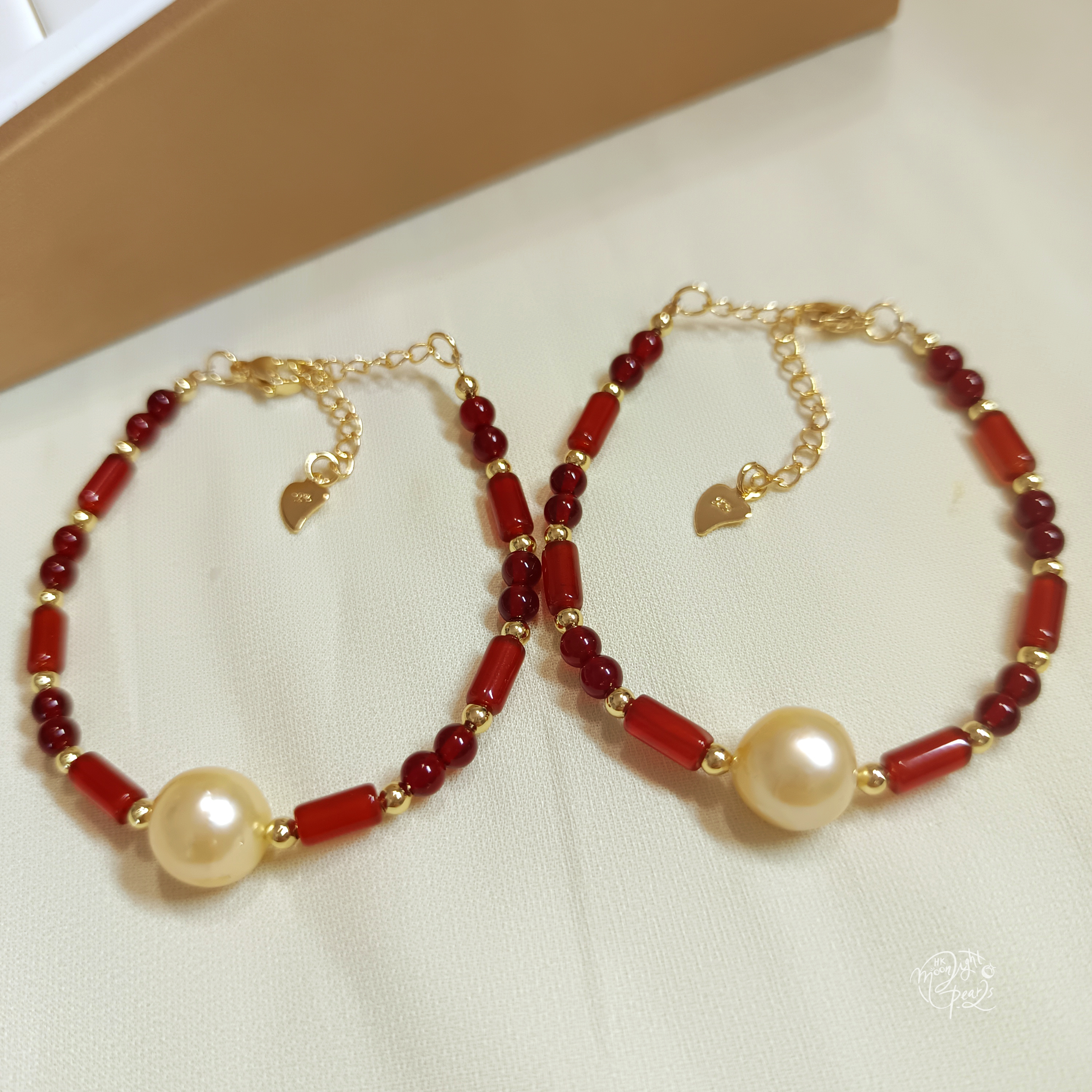 正圓強光南洋海水金珠+天然紅瑪瑙注金愛心尾鍊扣手鍊