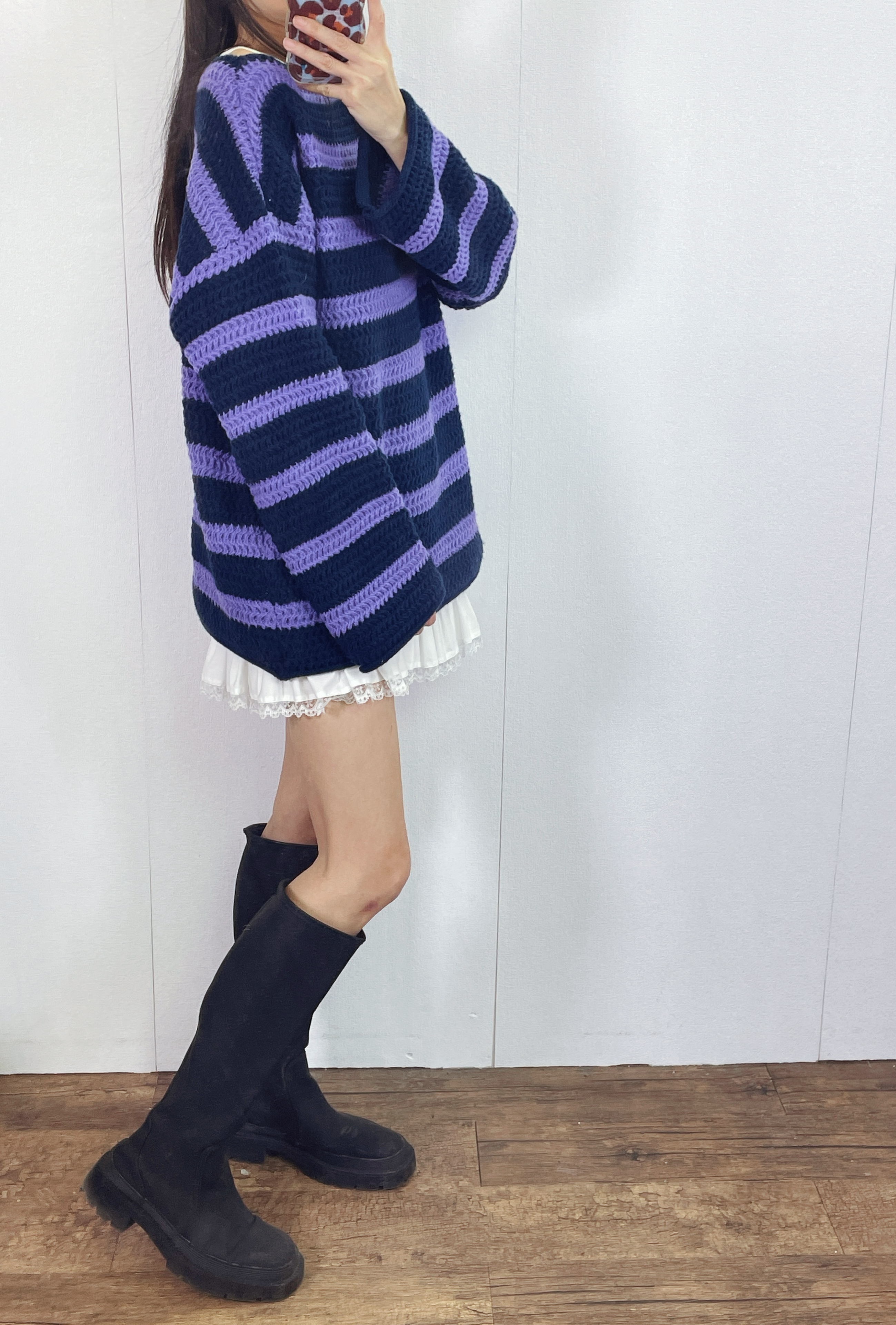 K5528 粗線橫間一字領長身身針織