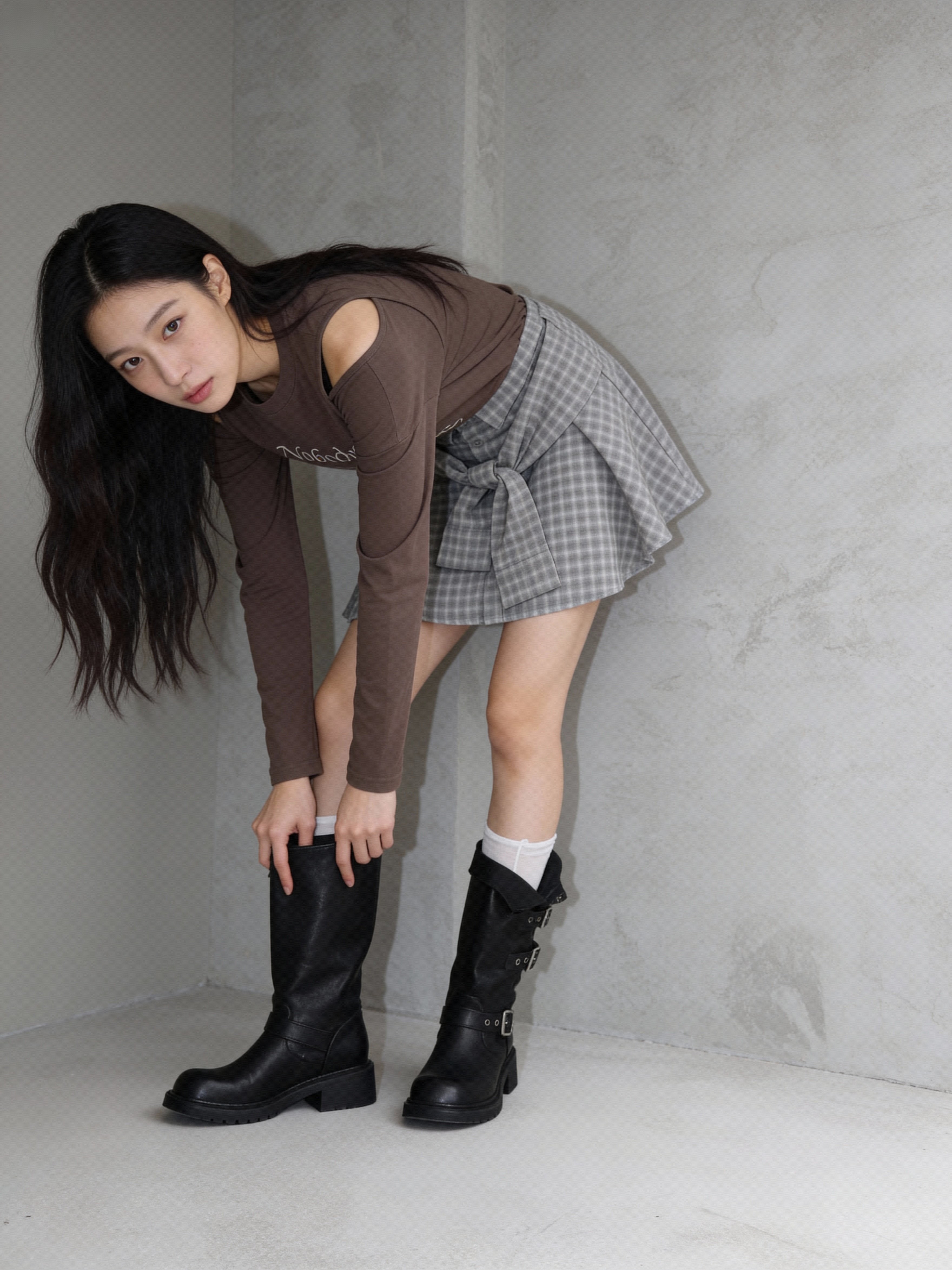 文字開衩長袖上衣＋格紋蝴蝶結百褶短裙褲套裝