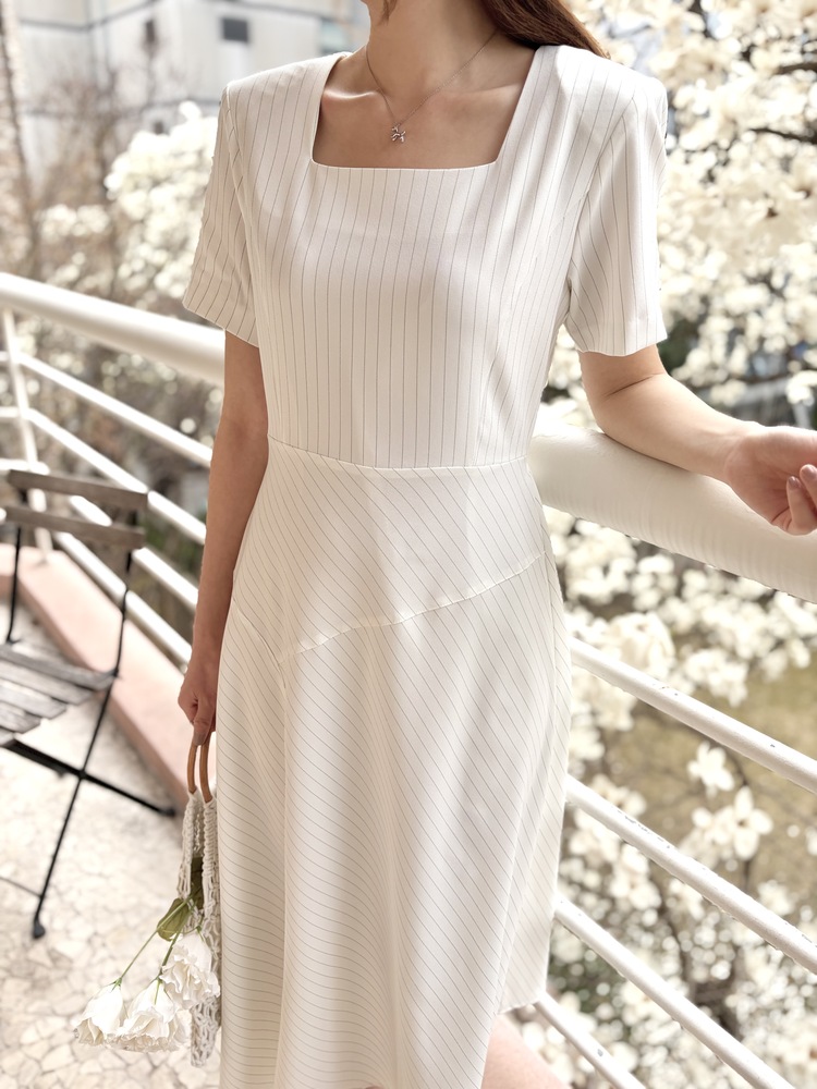 Asymmetric Striped Dress (Ivory)