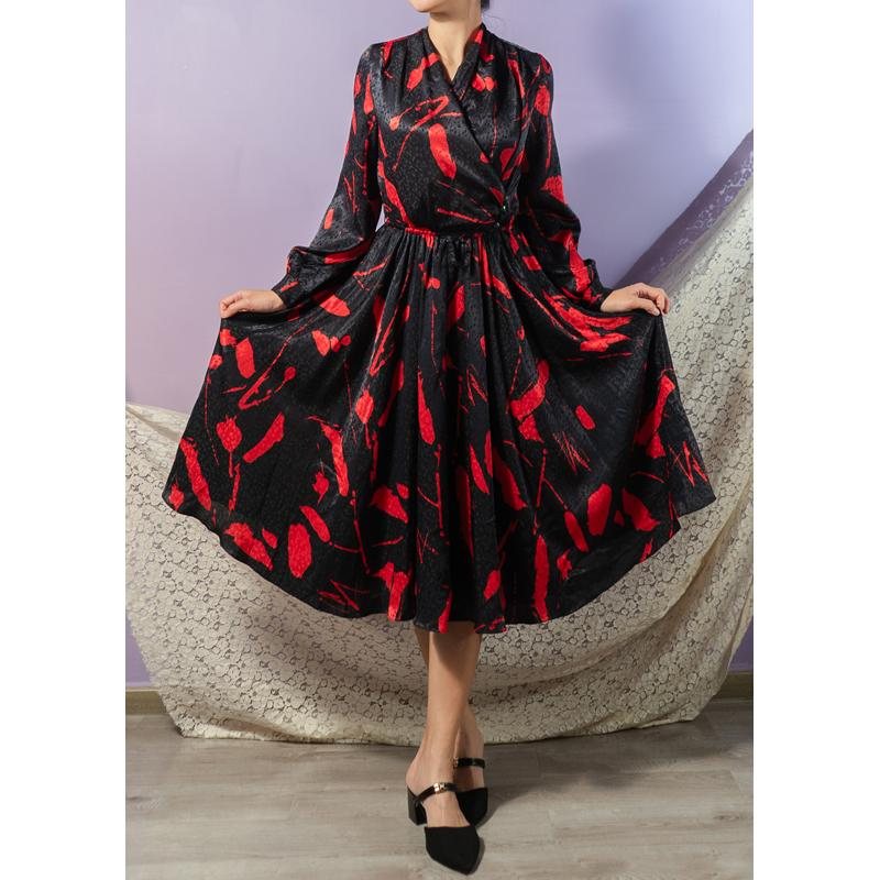 Vintage Japanese C.a. 1980s Red Stoke Pattern Half Wrap Full Flare Dress(MT1608-144)
