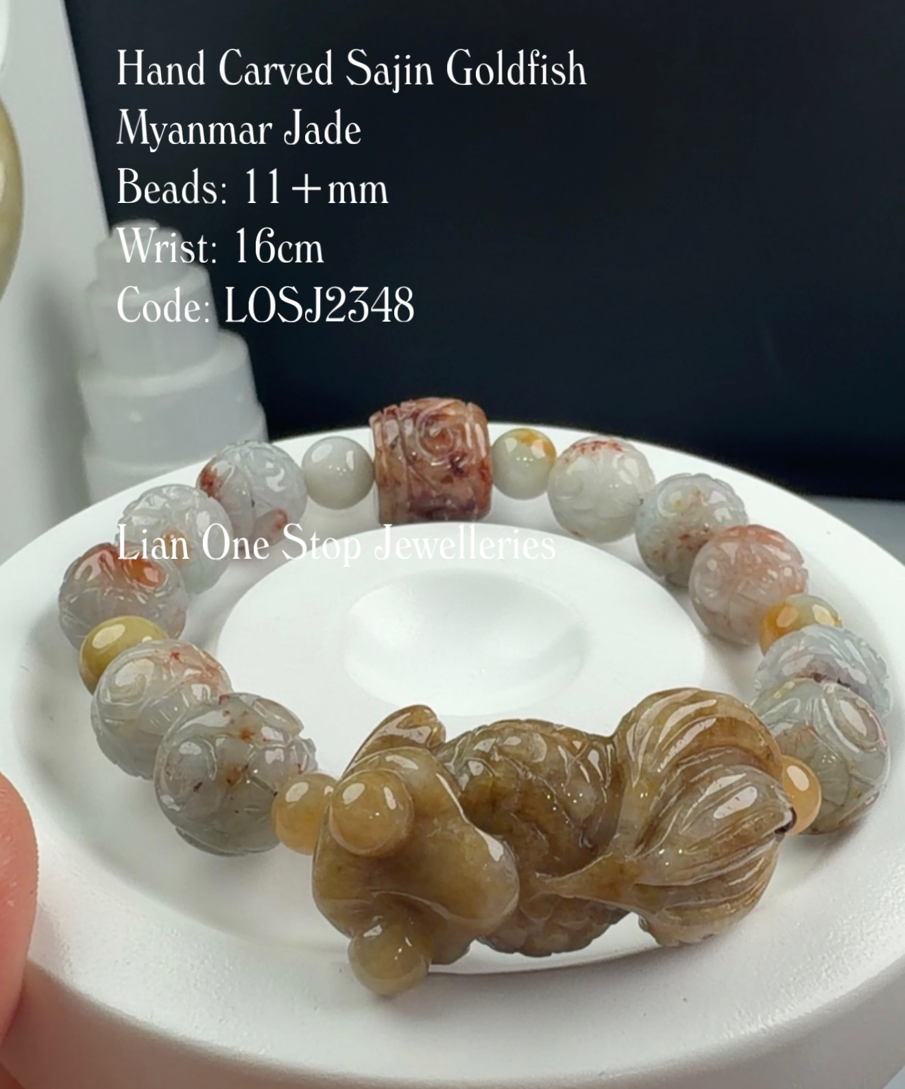 Code: LOSJ2348 Hand Carved Sajin Goldfish Myanmar Jade 11+mm