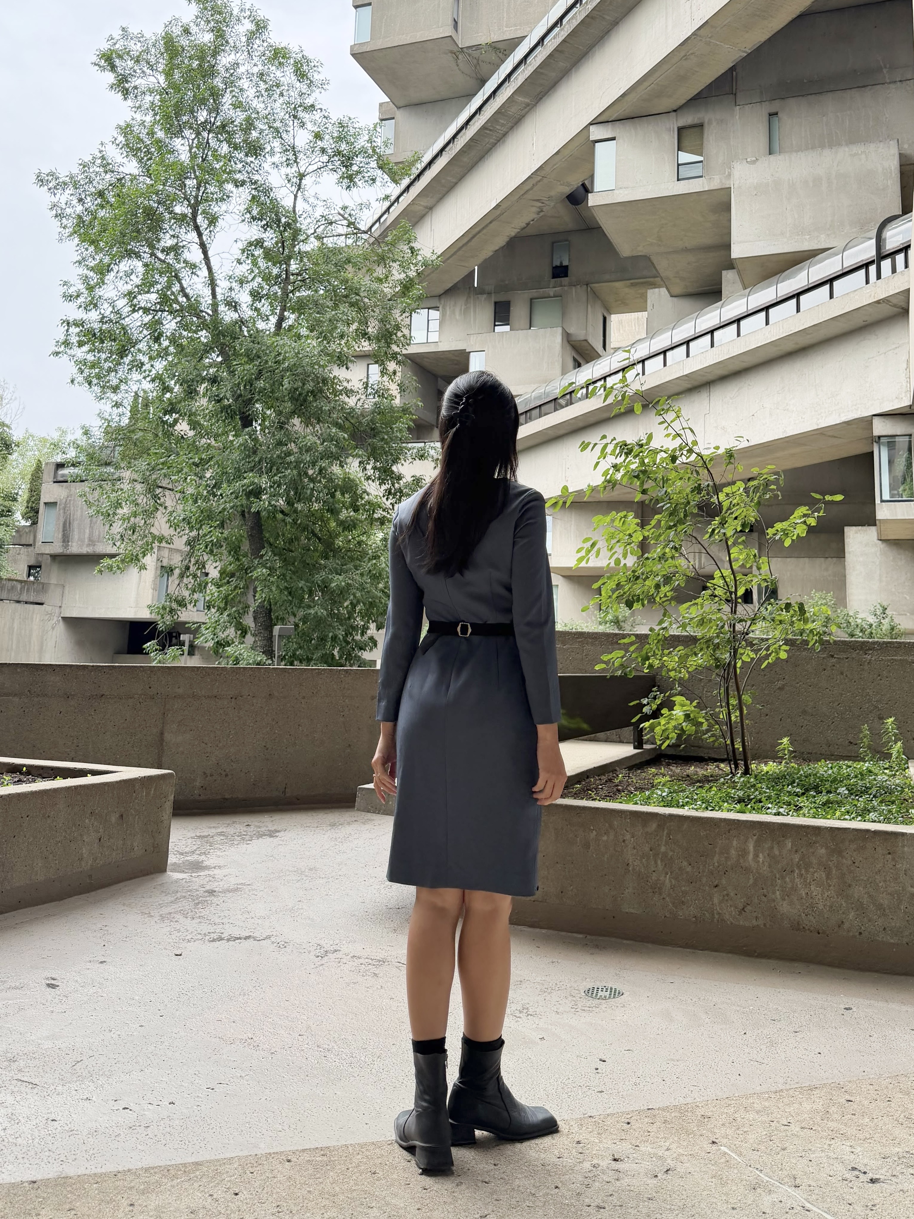 (Ready Made/Custom-Order) 1950s Inspired Two-Tone Linear Highlight Wiggle Dress - Grey x Black (FM201)