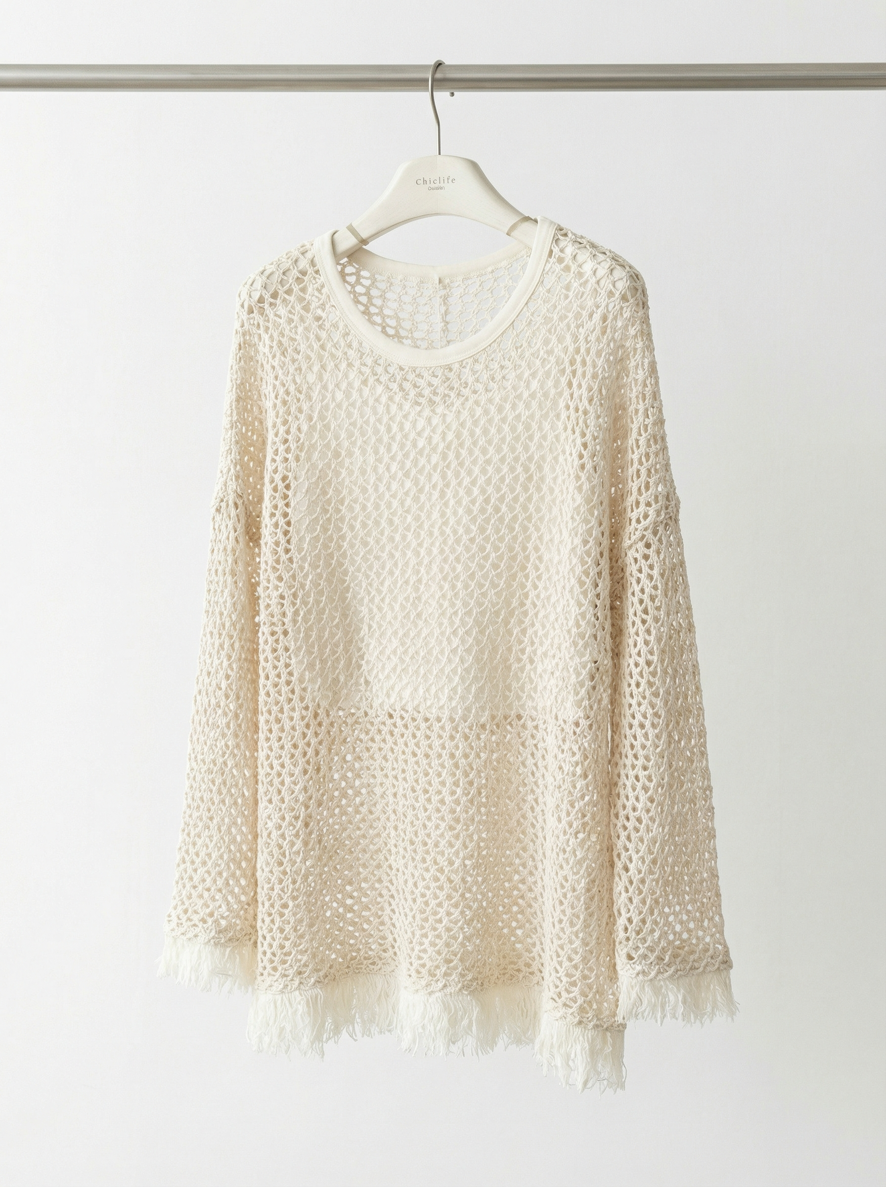 米白色鏤空流蘇針織上衣