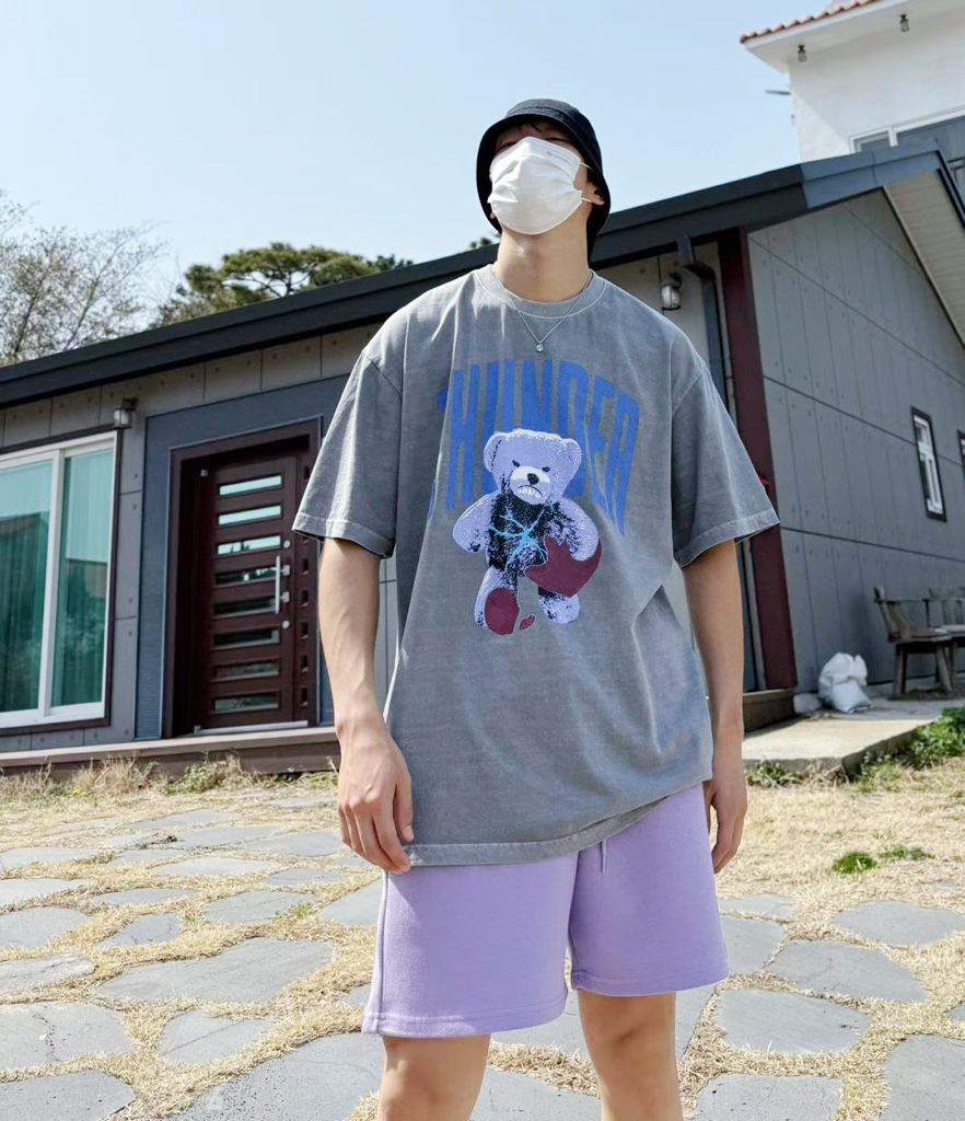 retro撞色熊熊print Tee