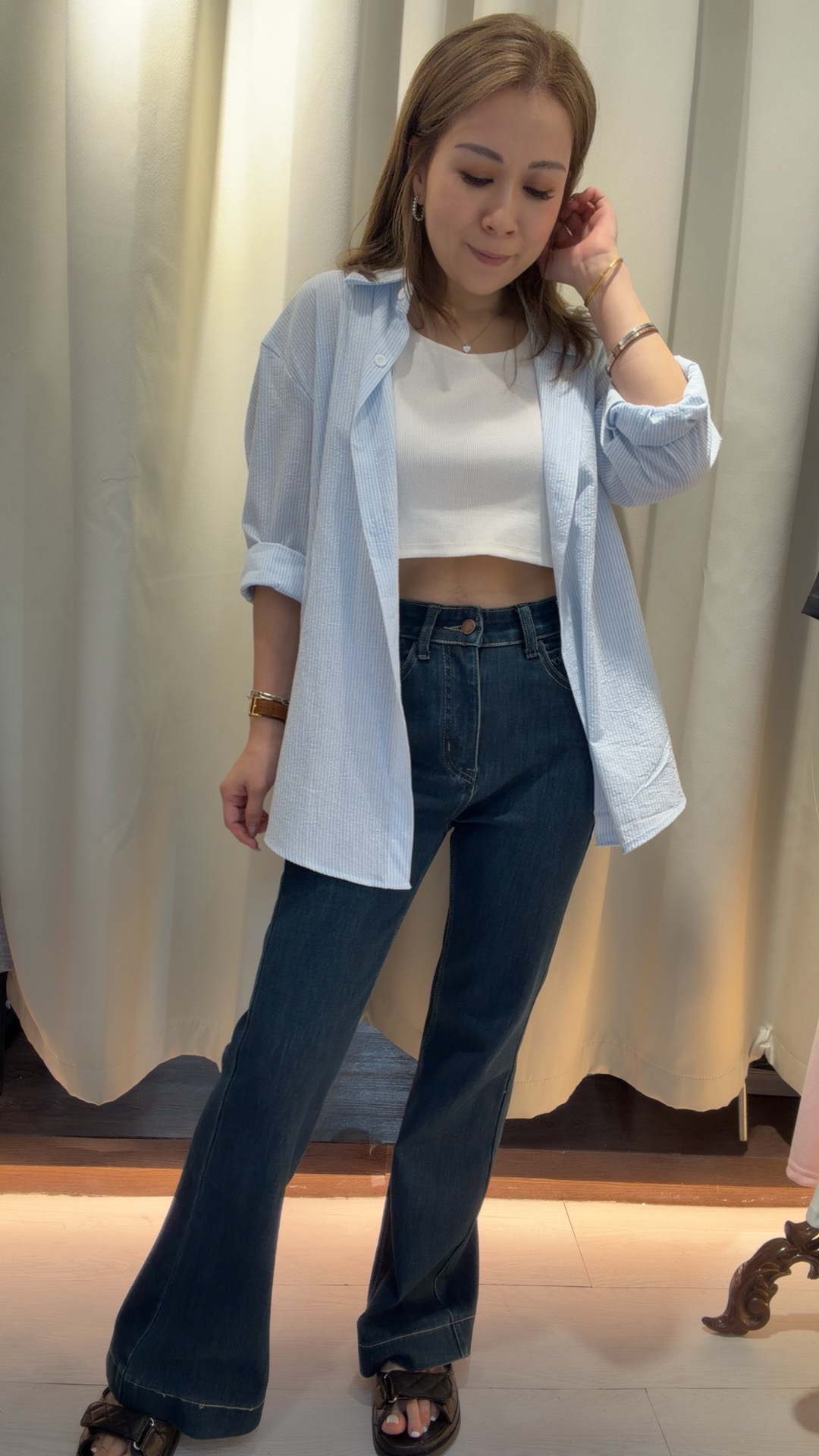 原色高腰彈性喇叭牛仔褲