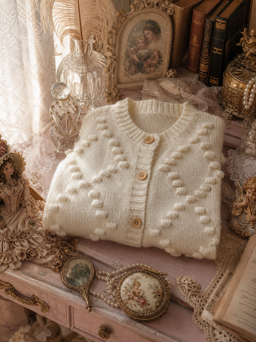 雪國森林的壁爐暖意 ∙ 鉤織立體波紋古董羊毛冷外套 Snowy Forest Fireside Warmth ∙ Vintage Hand-Crocheted Bobble Wool Cardigan