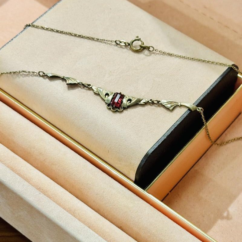 Rare! Antique 1920-40s Czechoslovakian Art Deco Red Rhinestone Golden Necklace (C010)