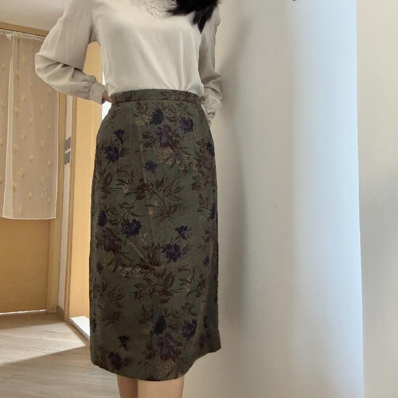 Vintage Japanese IMAGINA 15% Wool Textured Floral Pattern Green Skirt -Waist 29-30"(MT1606)