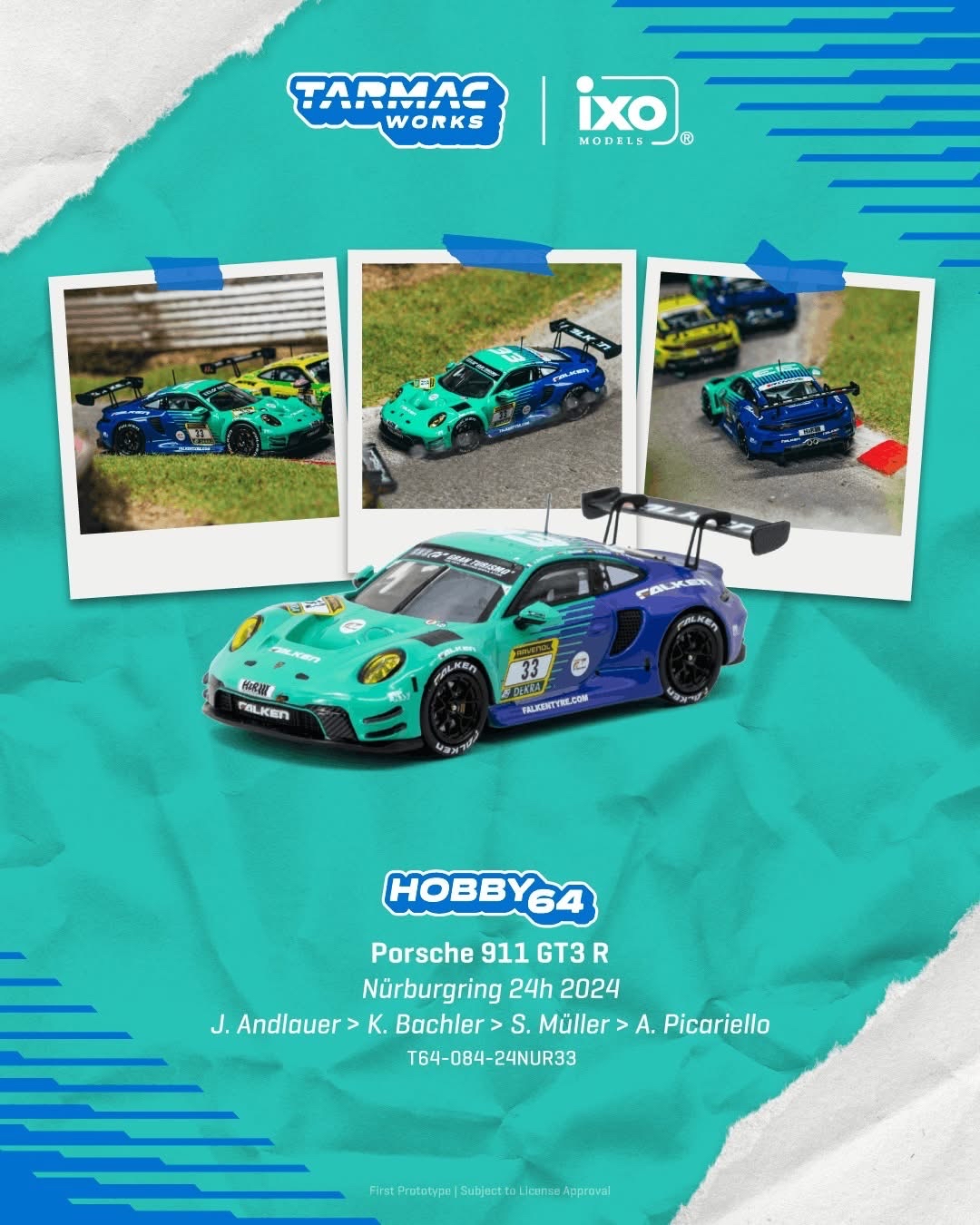 （預訂 Pre Order) Tarmac Works ( T64-084-24NUR33 ) Porsche 911 GT3 R Nürburgring 24h 2024 Julien Andlauer / Klaus Bachler / Sven Müller / Alessio Picariello