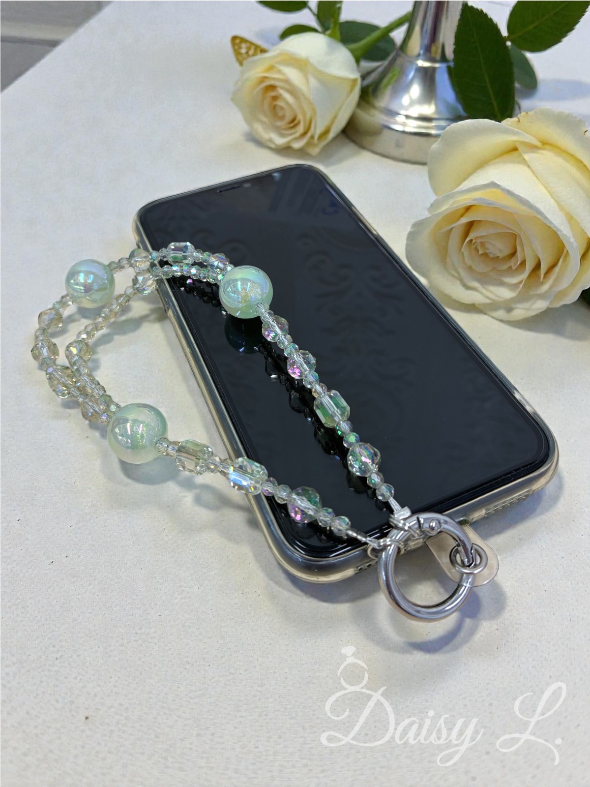 淺綠色波波水晶手機掛繩